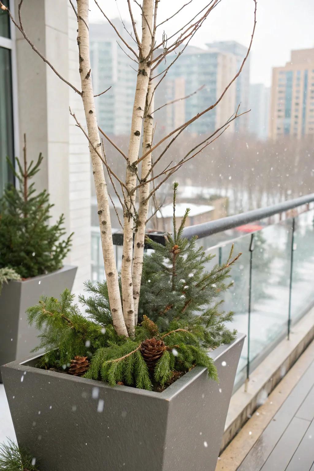 Birch stems contribute stature and sophistication to your container.
