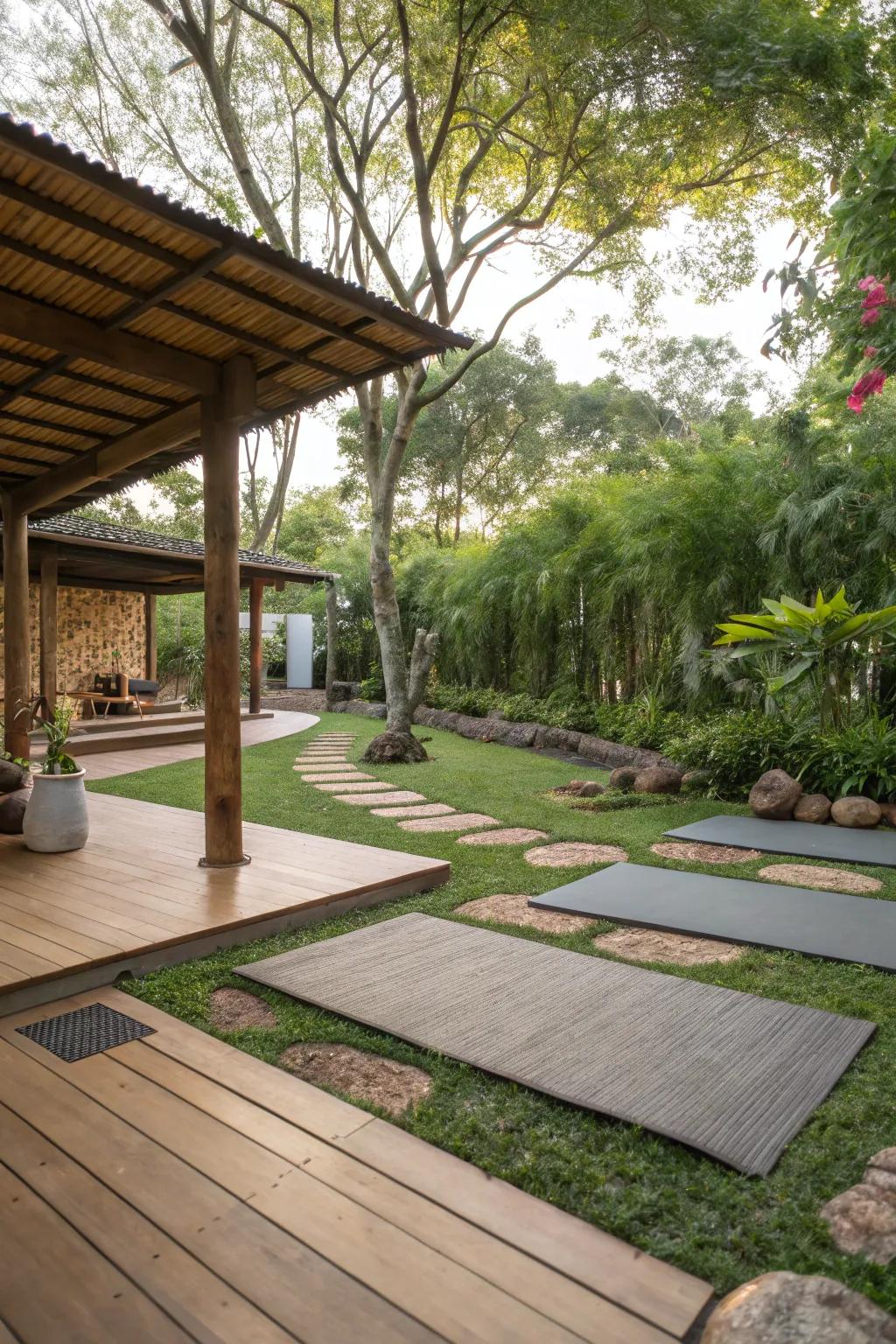 Authentic elements harmoniously blend your yoga space with the environment.