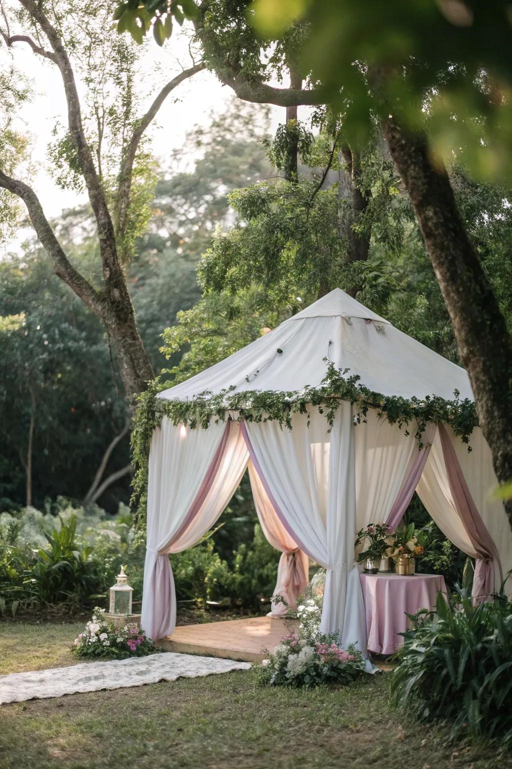 Soft drapery changes the tent into a dreamy paradise.