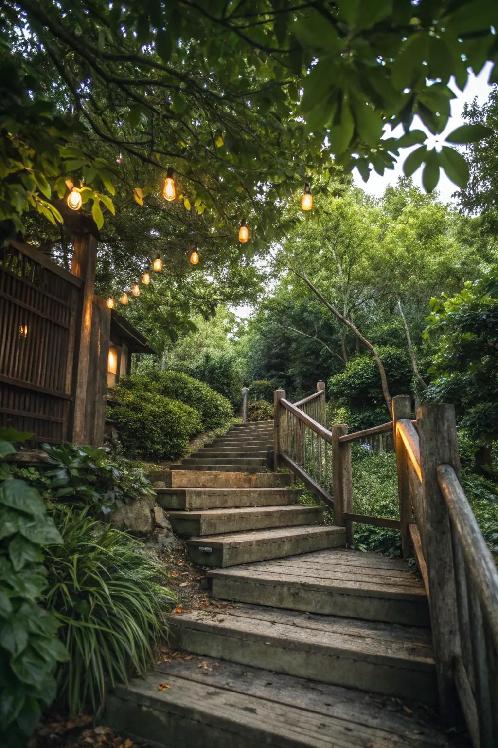 Warm wooden steps enhanced by soft, ambient lights.