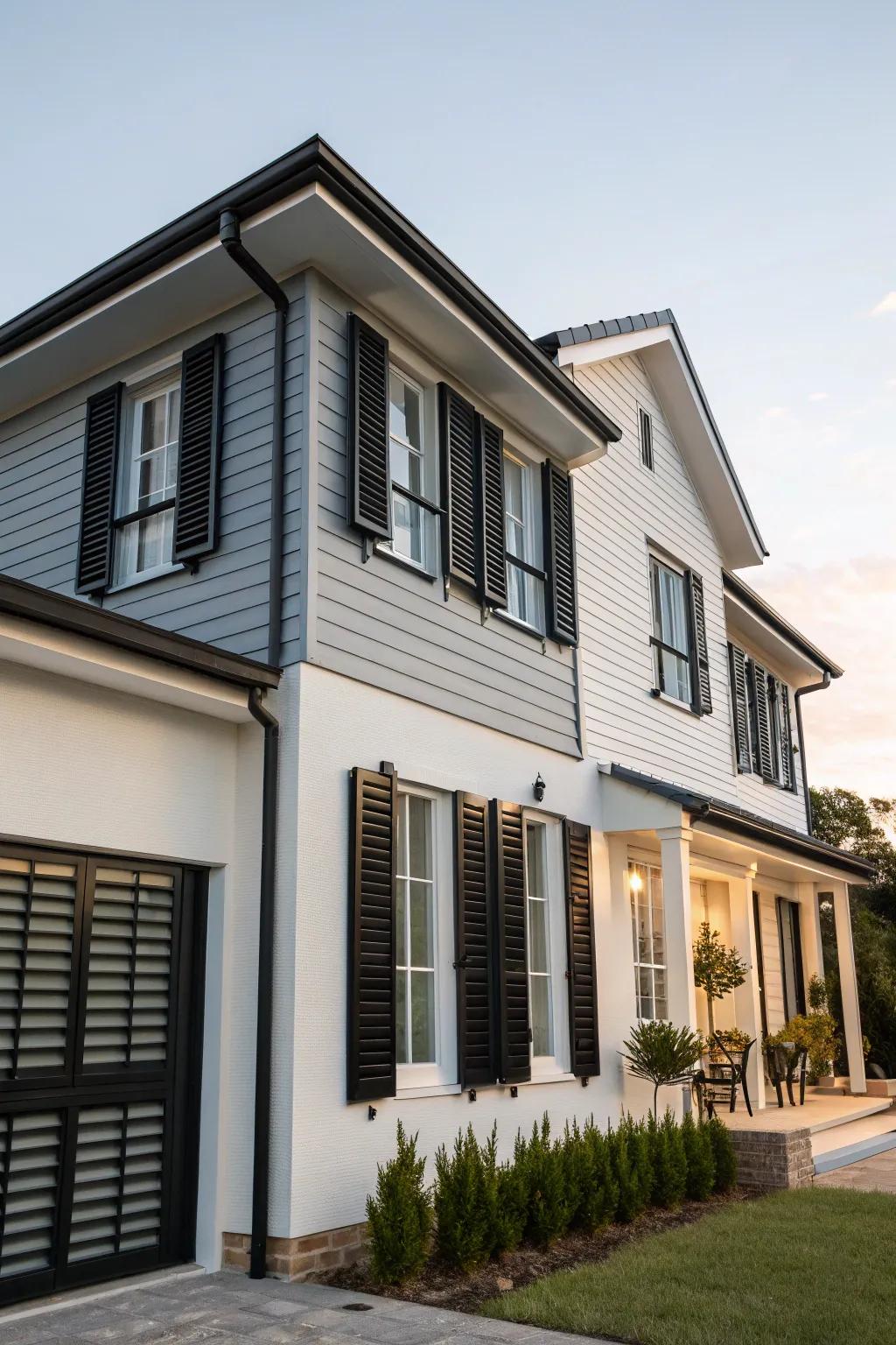 Modern house with bold dark awnings and contrasting exterior.