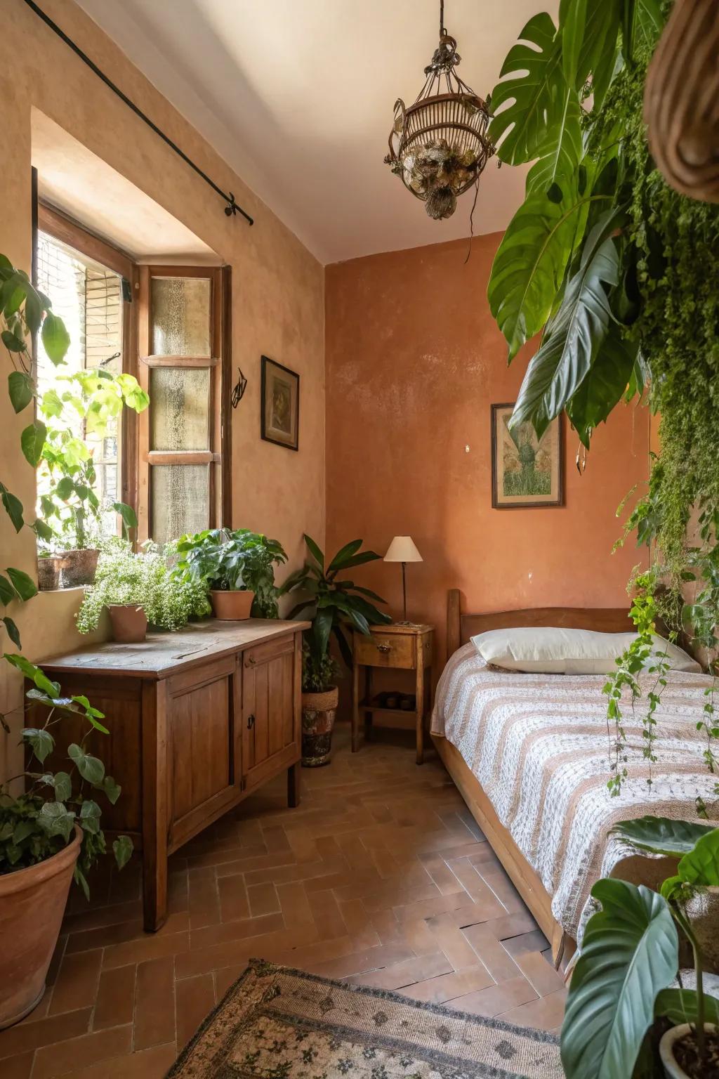 Warm earth tones create a cozy, inviting atmosphere in small bedrooms.