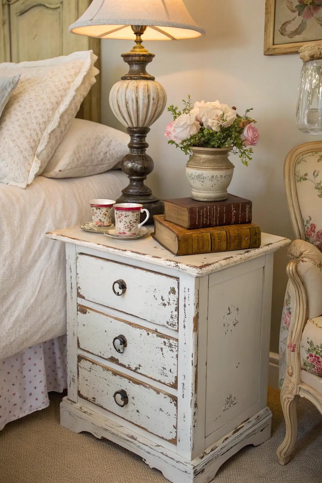 Enjoy the appeal of a shabby-chic bedside table for a cozy touch.
