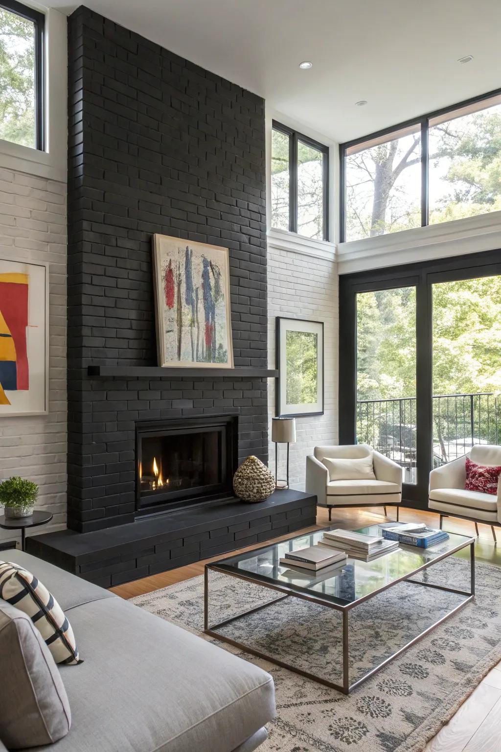 A black fireplace creates a striking and captivating focal point.