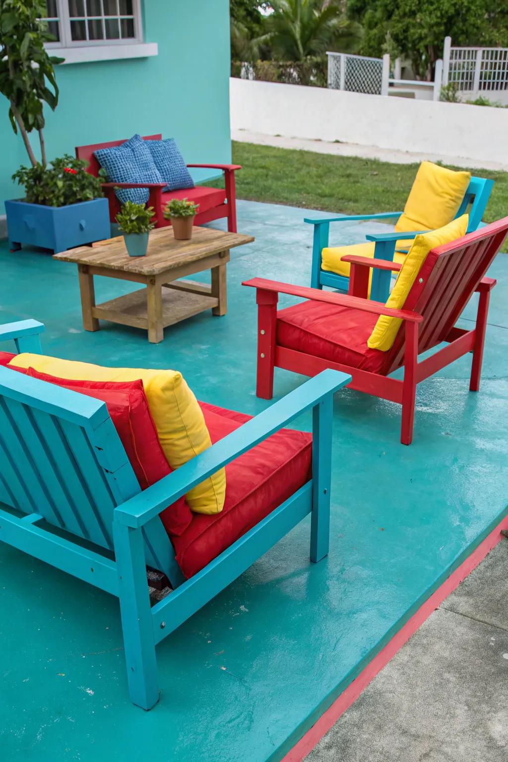 A vibrant turquoise patio that exudes vitality and flair.