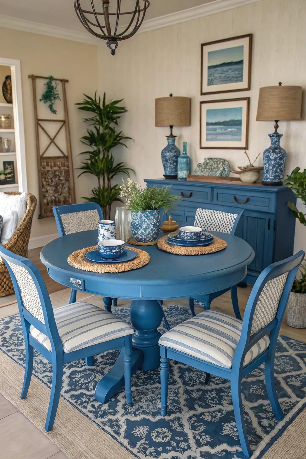 An intense azure table introduces a striking accent of color to your dining setting.
