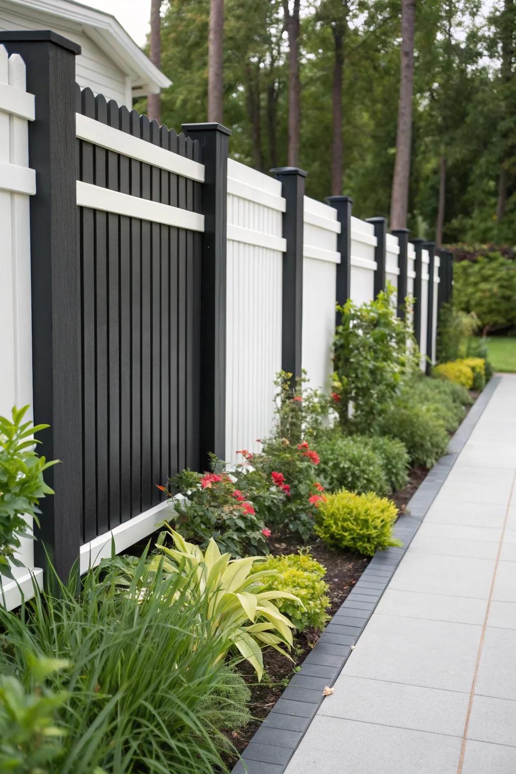 Monochrome fences provide a stunning backdrop for colorful gardens.