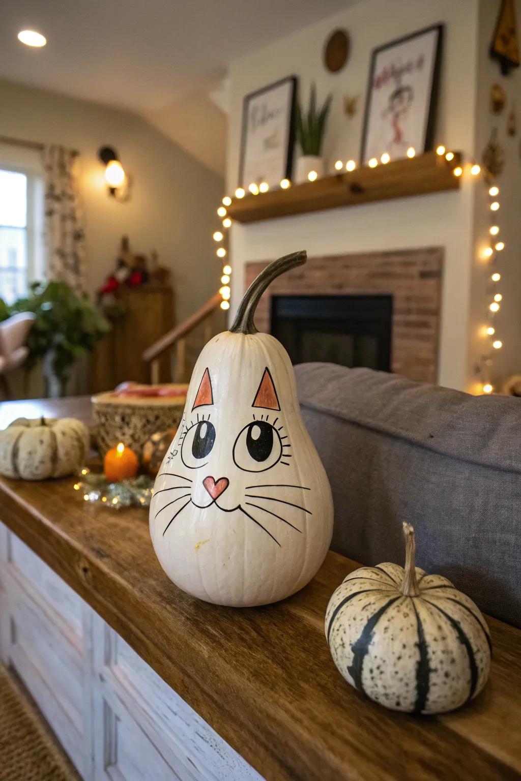 A cheerful gourd painted as a whimsical feline.