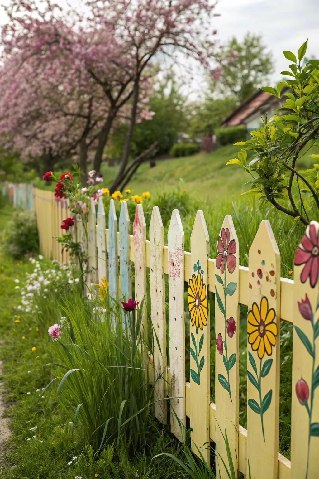 A picket fence beautifully decorated with hand-painted flowers and vines.