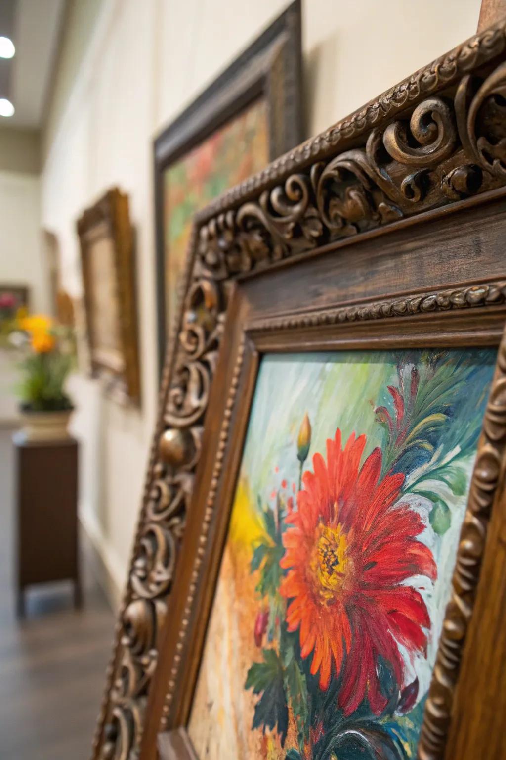 An ornate frame lending elegance to a dynamic artwork.
