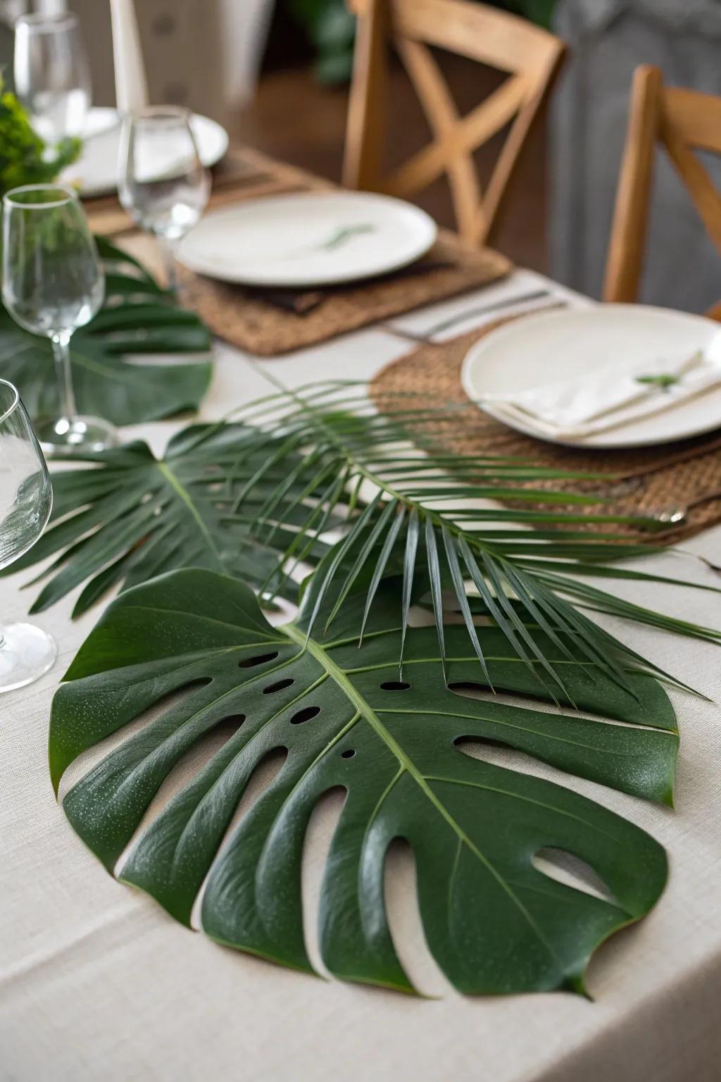 Swiss cheese plant leaves serving as stylish placemats and central decor.