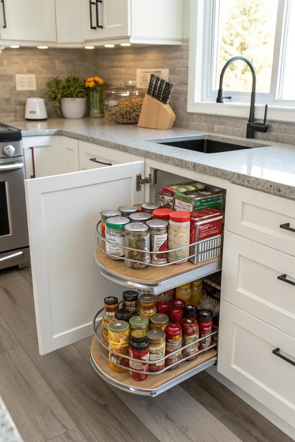 Transform difficult corners into practical areas with rotating trays.