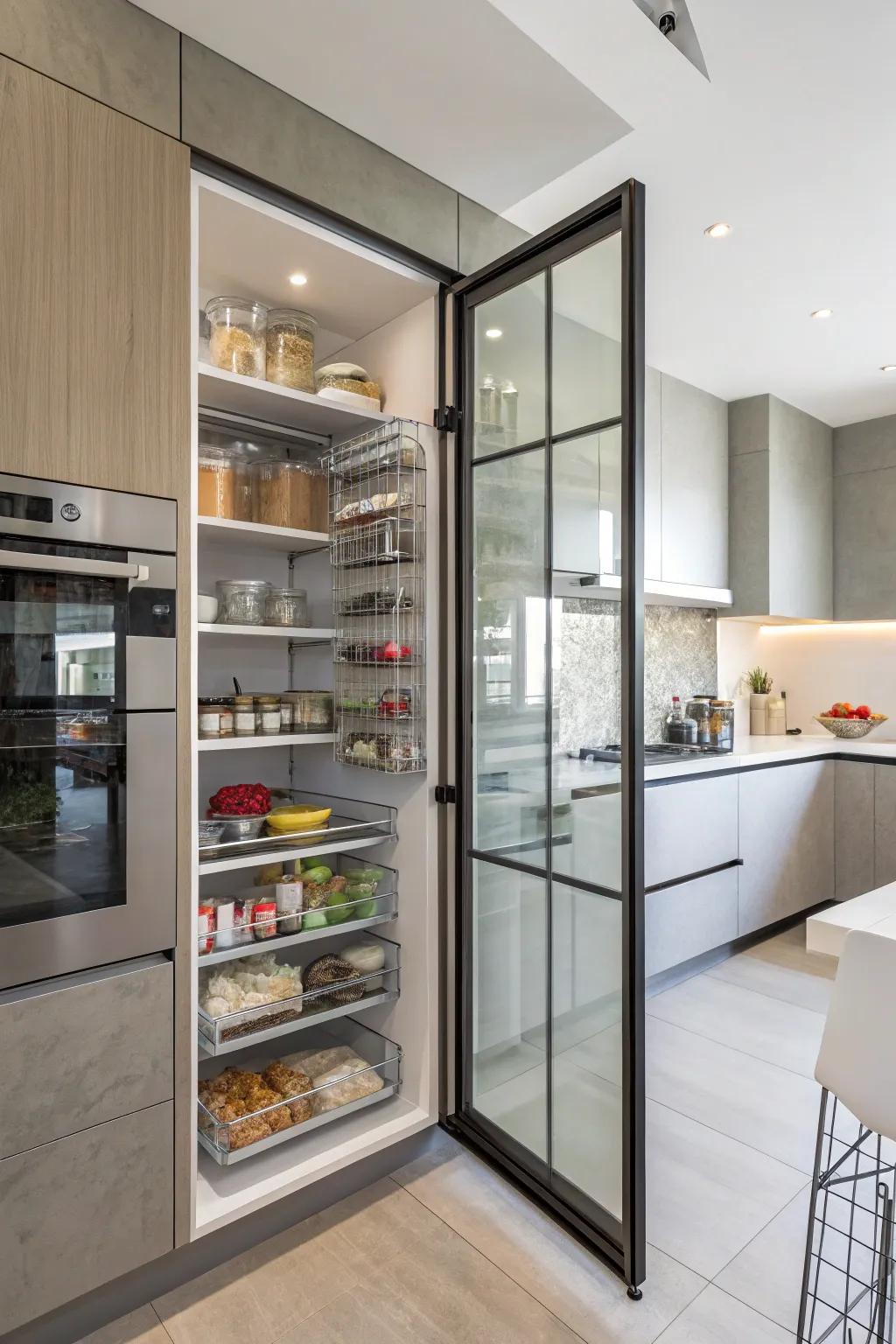 Glass doors lend a hint of contemporary sophistication to your pantry.