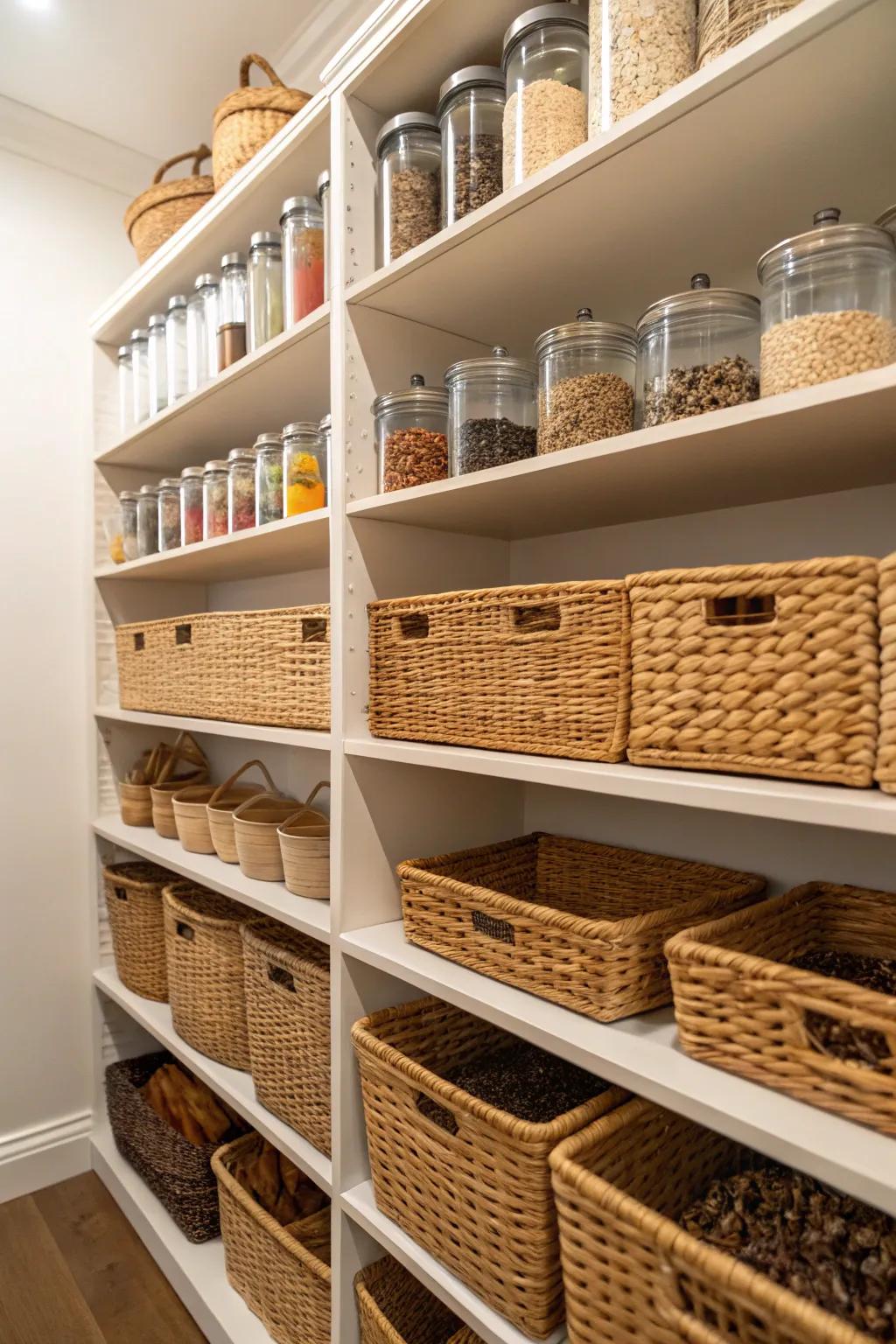 Wicker baskets on pantry shelves create an organized and visually appealing space.