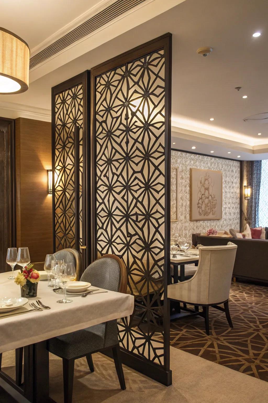 Geometric room dividers serve as functional artistic elements.