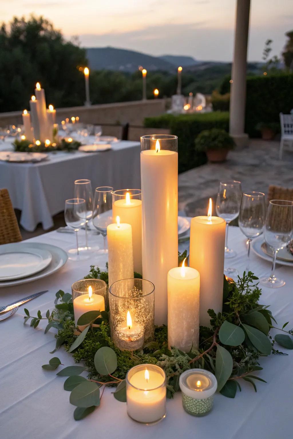 A centerpiece with candles makes a warm, romantic glow.
