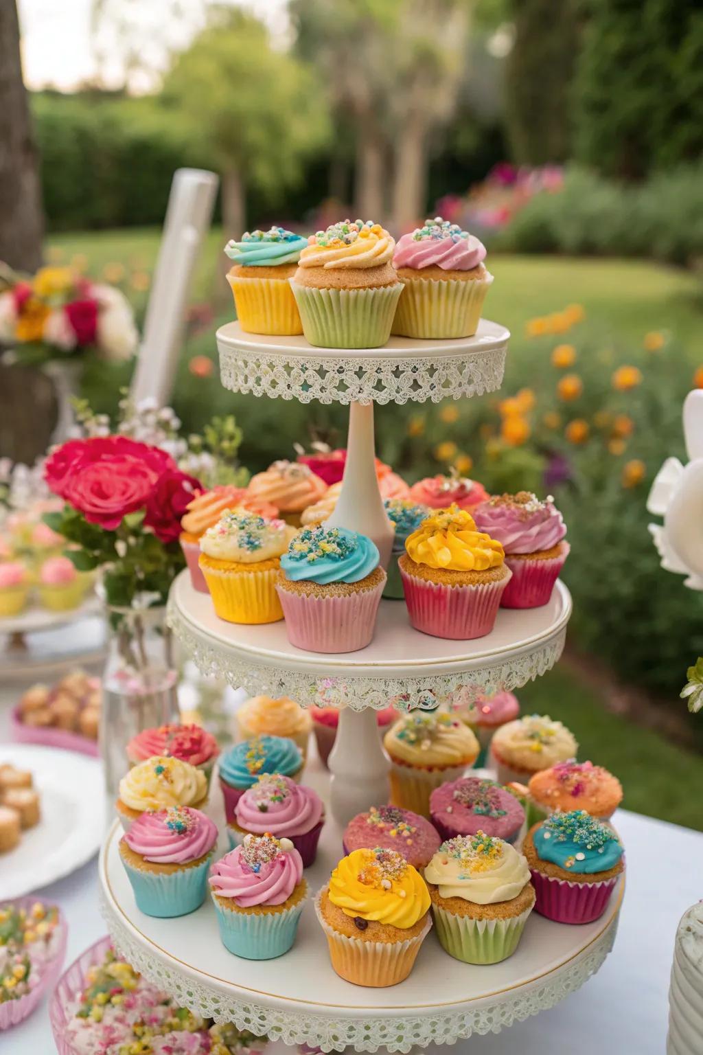 A vibrant pastry display standing prominently as a celebration's highlight.