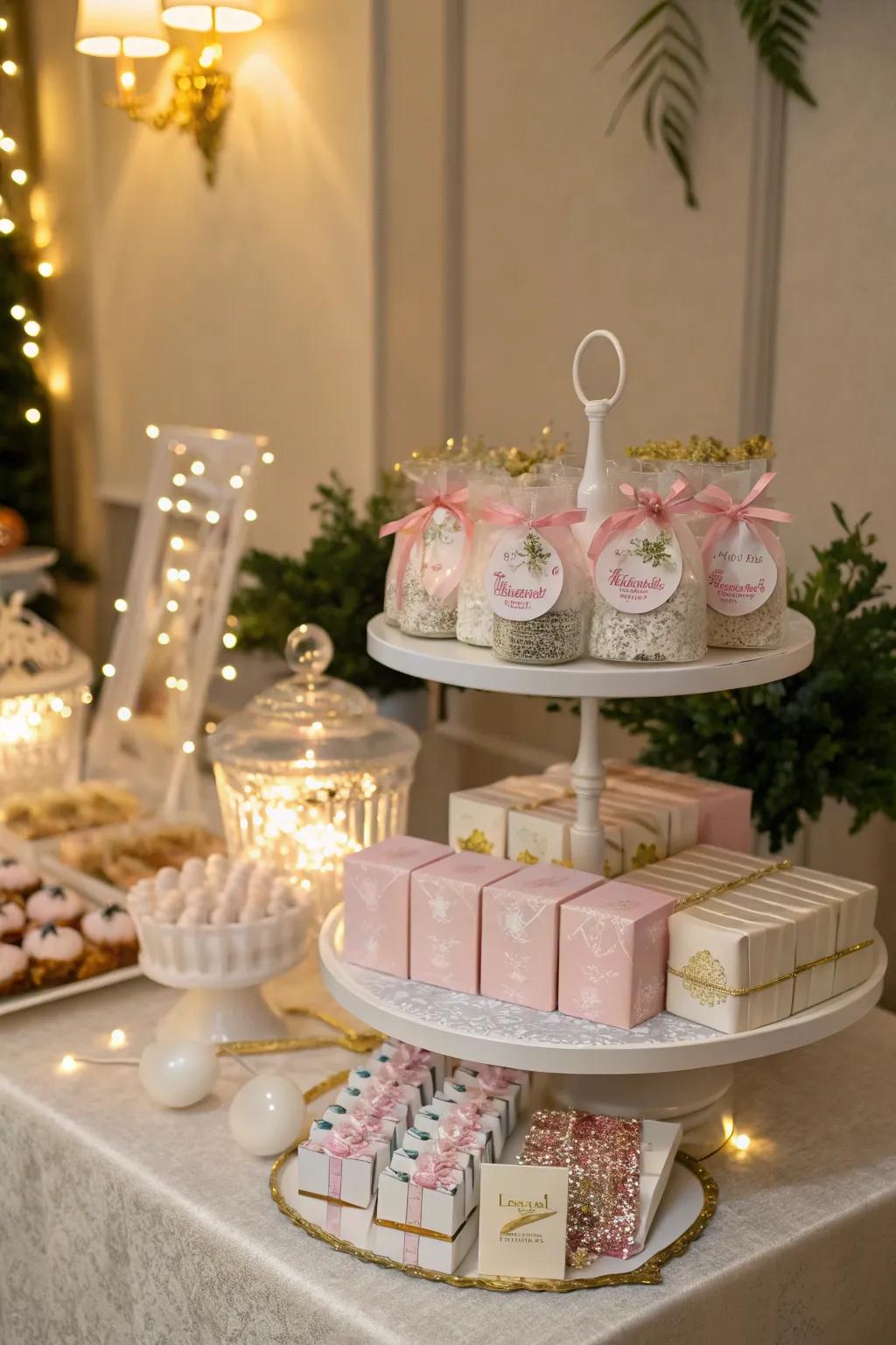 Refined multilevel arrangement displaying small gifts.