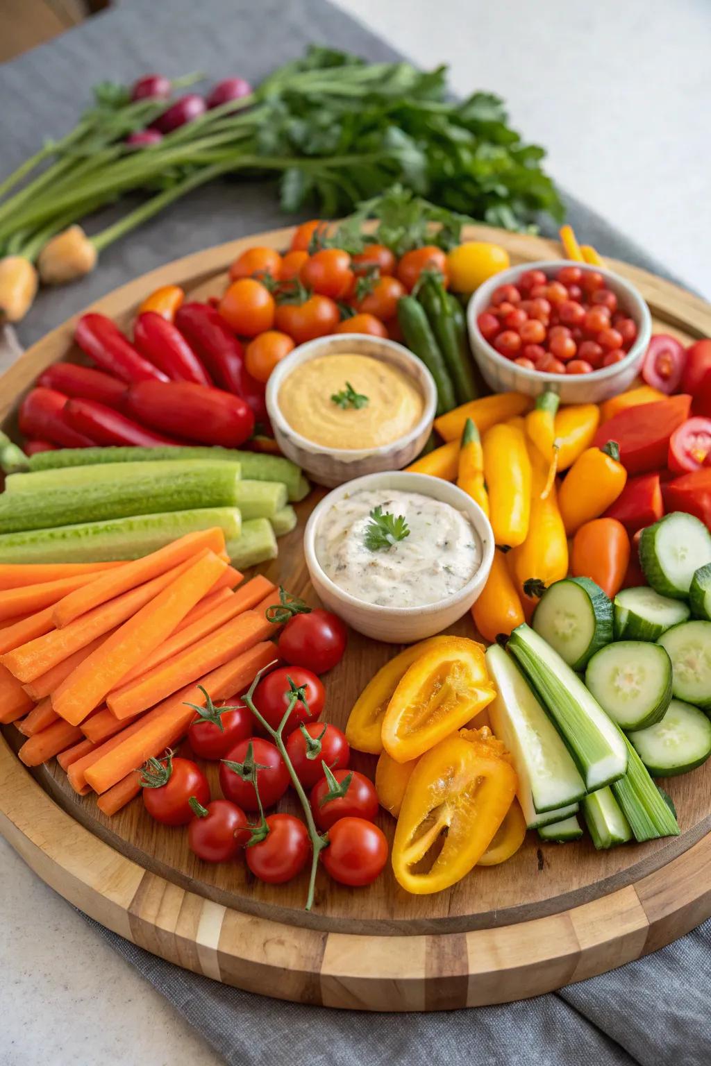 A vibrant array of fresh vegetables paired with delightful dips.