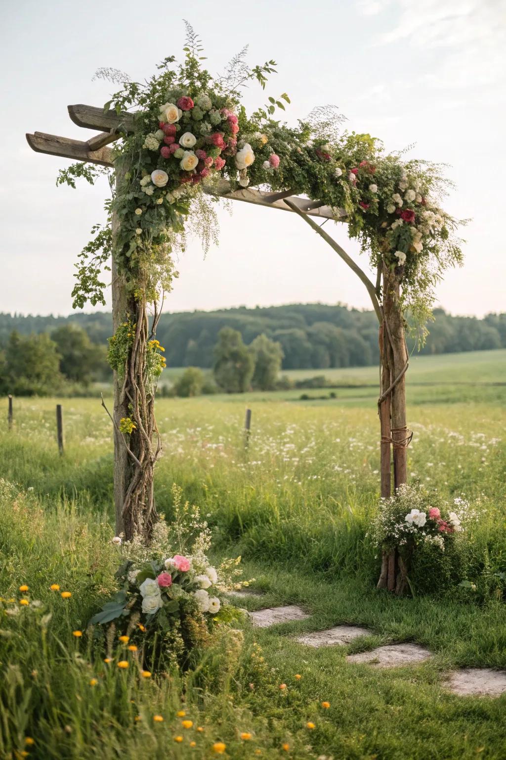 A country-style archway embellished with verdure and flowers.
