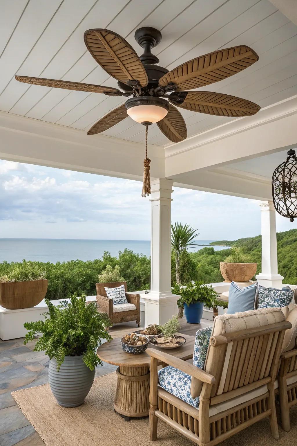 A seaside-inspired deck featuring a rope-detailed ceiling fan.