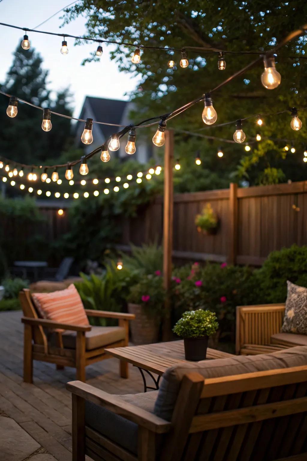 A patio beautifully illuminated with string lights above a cozy seating area.