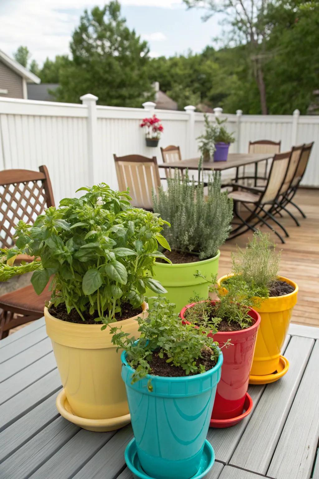 A lively assortment of herb pots provides a fresh culinary flourish.