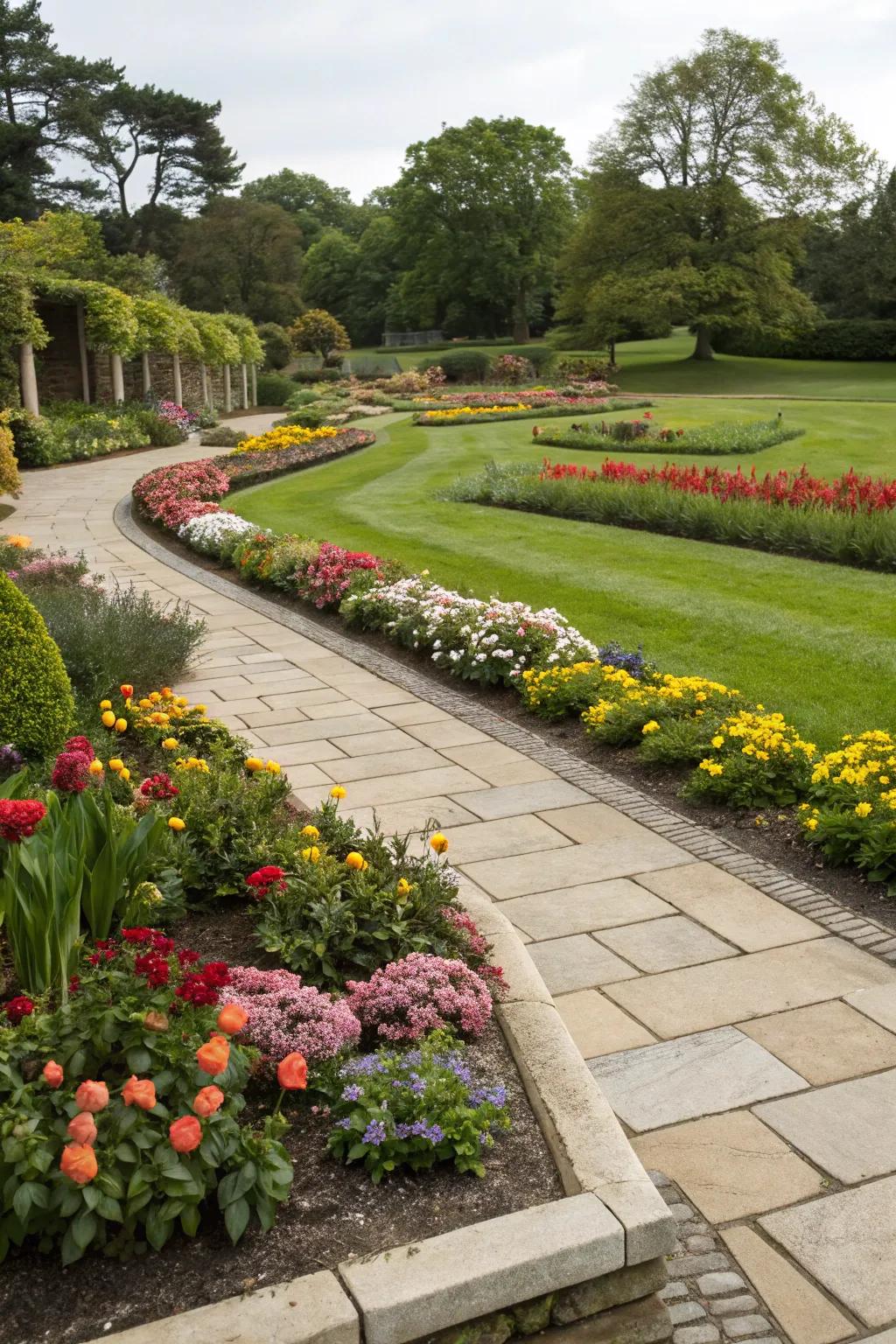 Paver edging delivers a crisp and distinct edge for flower beds.