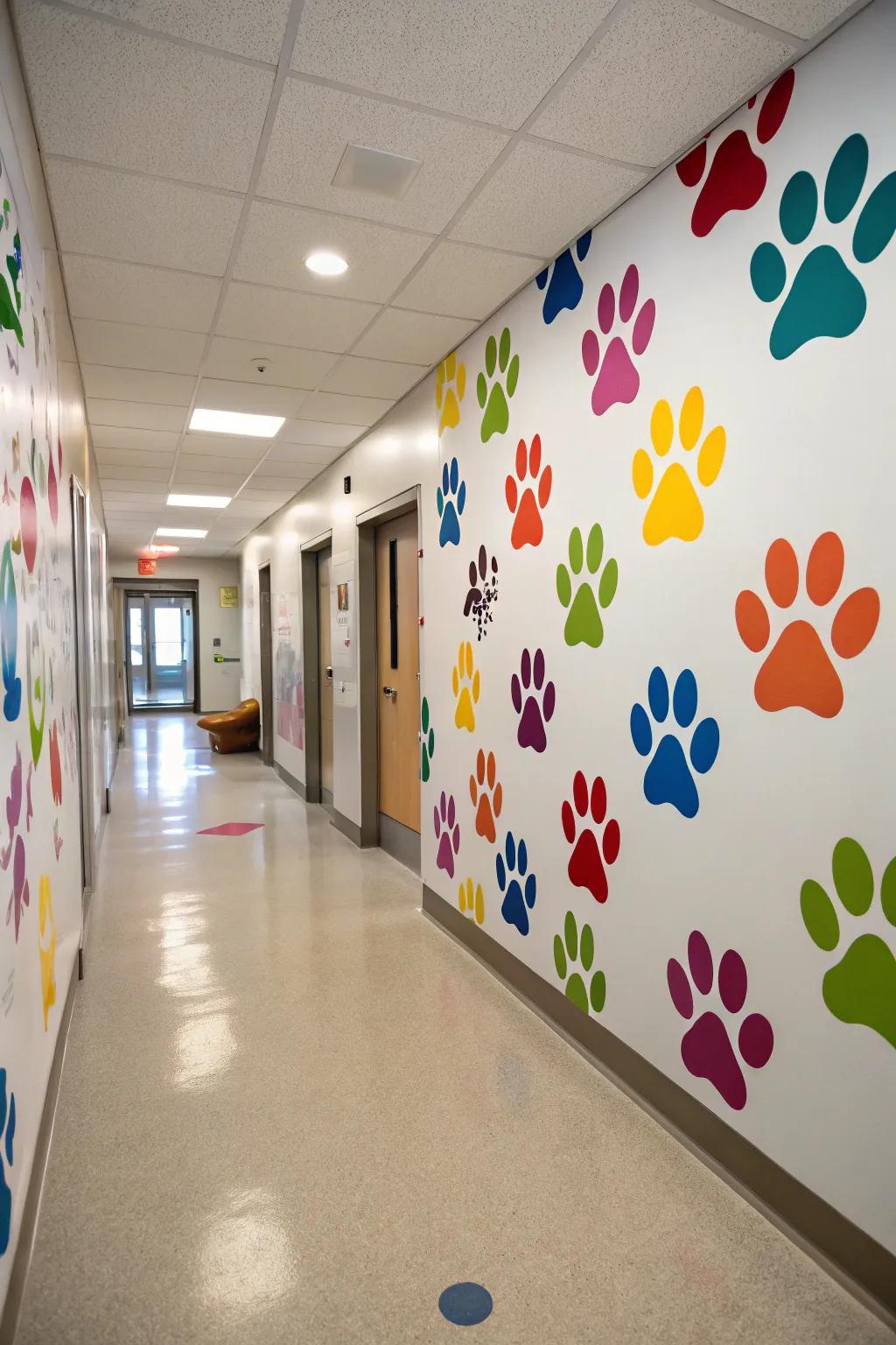 Bright paw print decals energize a hallway.