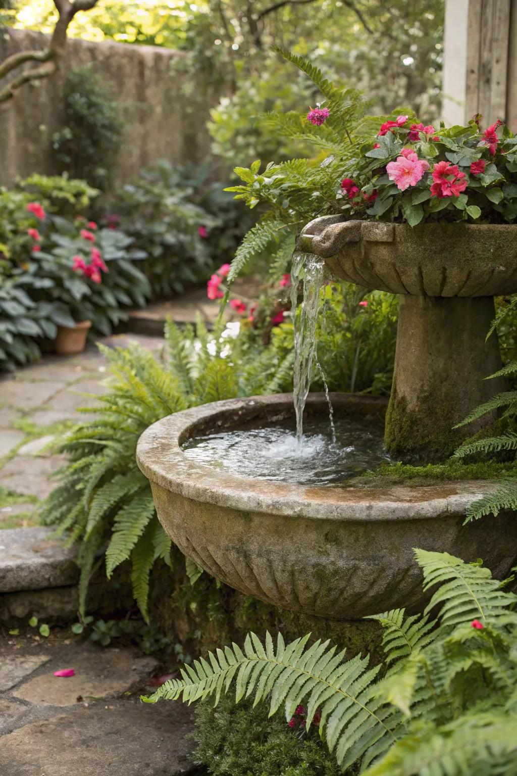 A serene fountain offers calming sounds within the garden.