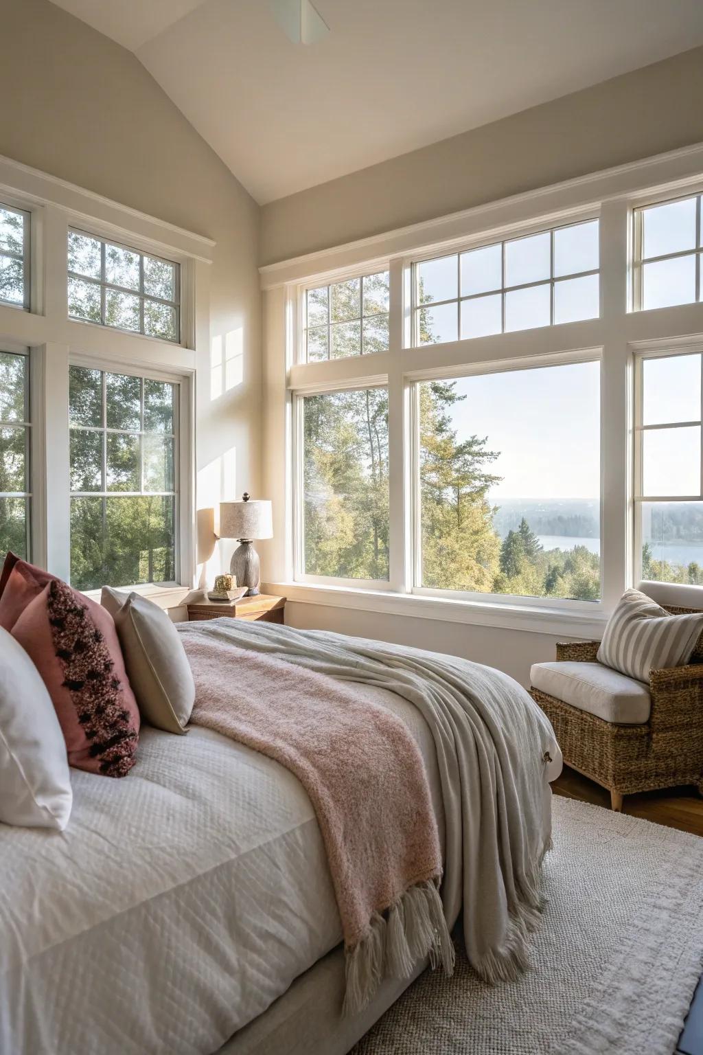 A bedroom showcasing broad windows that allow natural light to brighten the entire area.
