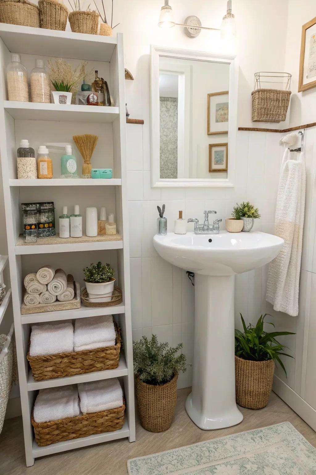 Open shelves seamlessly blend style and practicality.