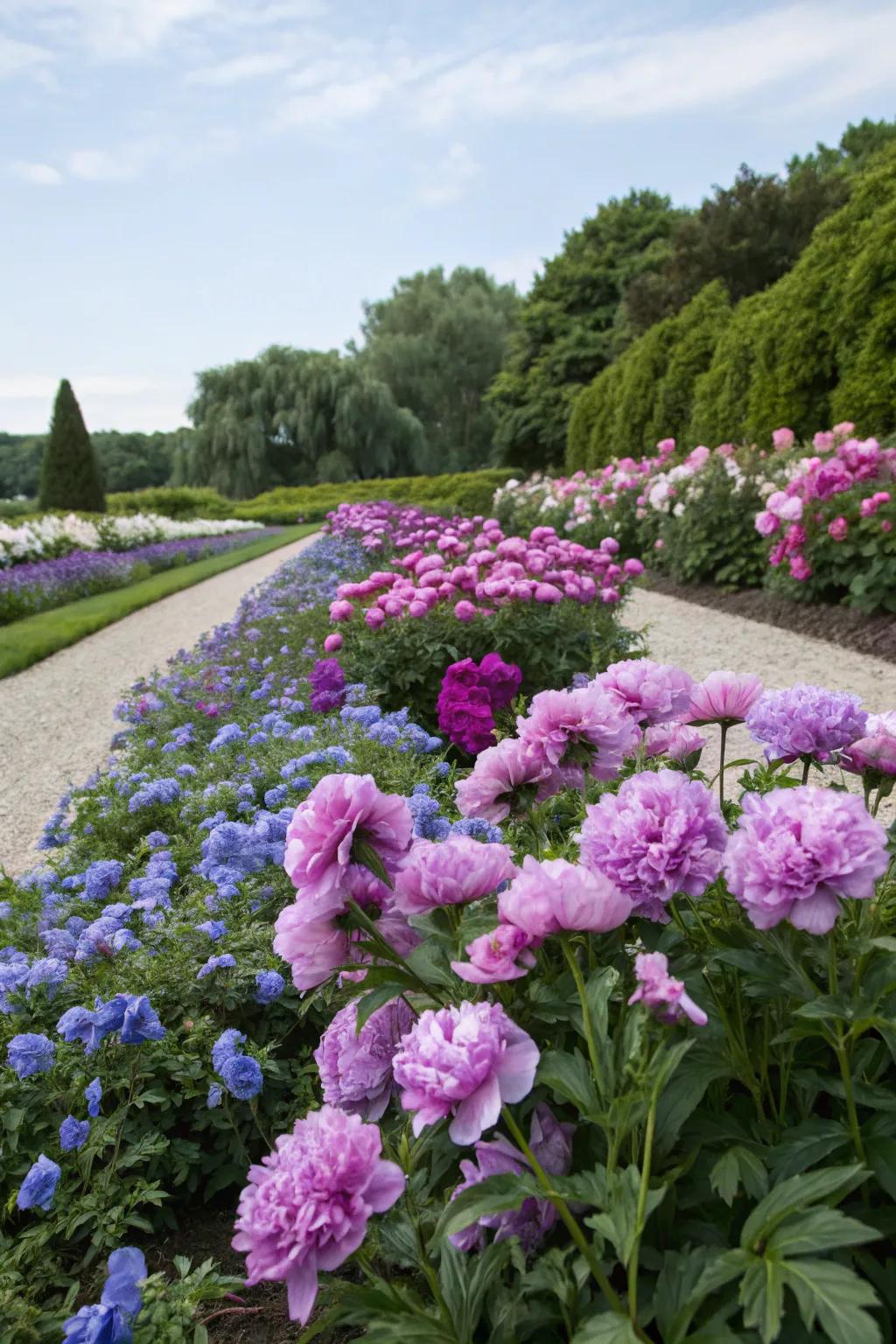 Peonies paired with complementary blooms for a striking contrast.