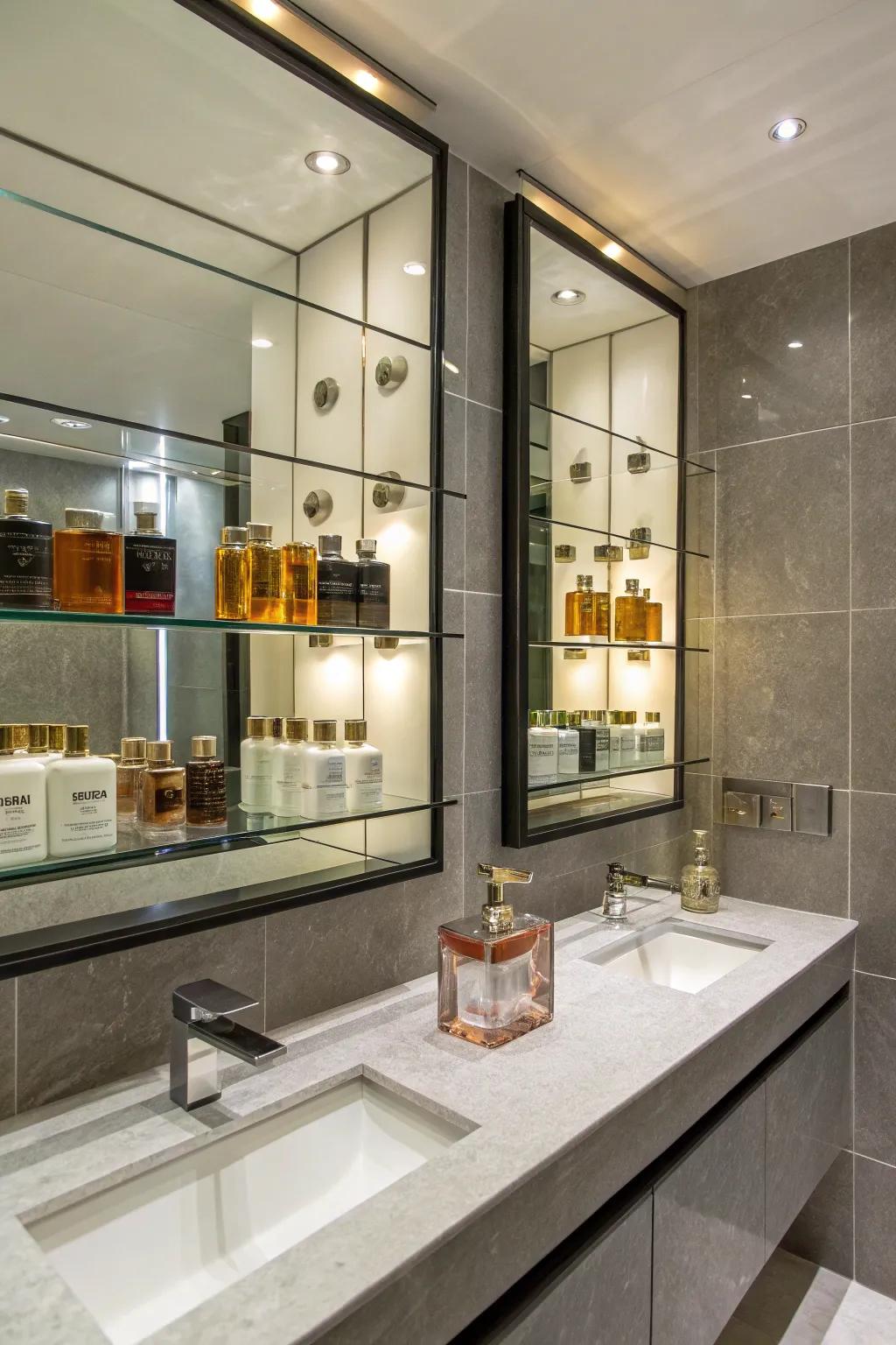Mirrored shelves offering a stylish and reflective display for your perfume collection.