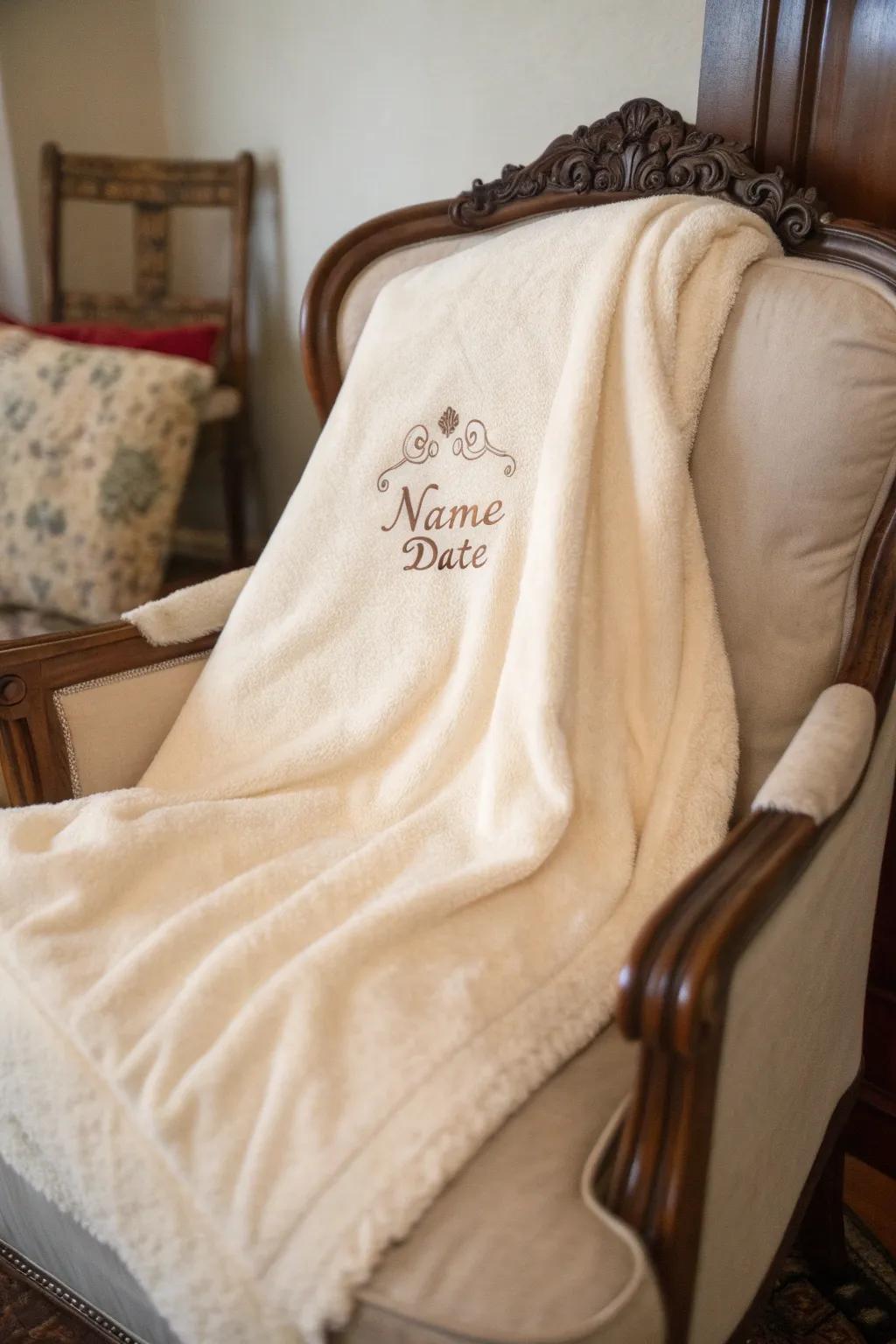 A soft blanket with elegant name and date embroidery, perfect for remembering special events.