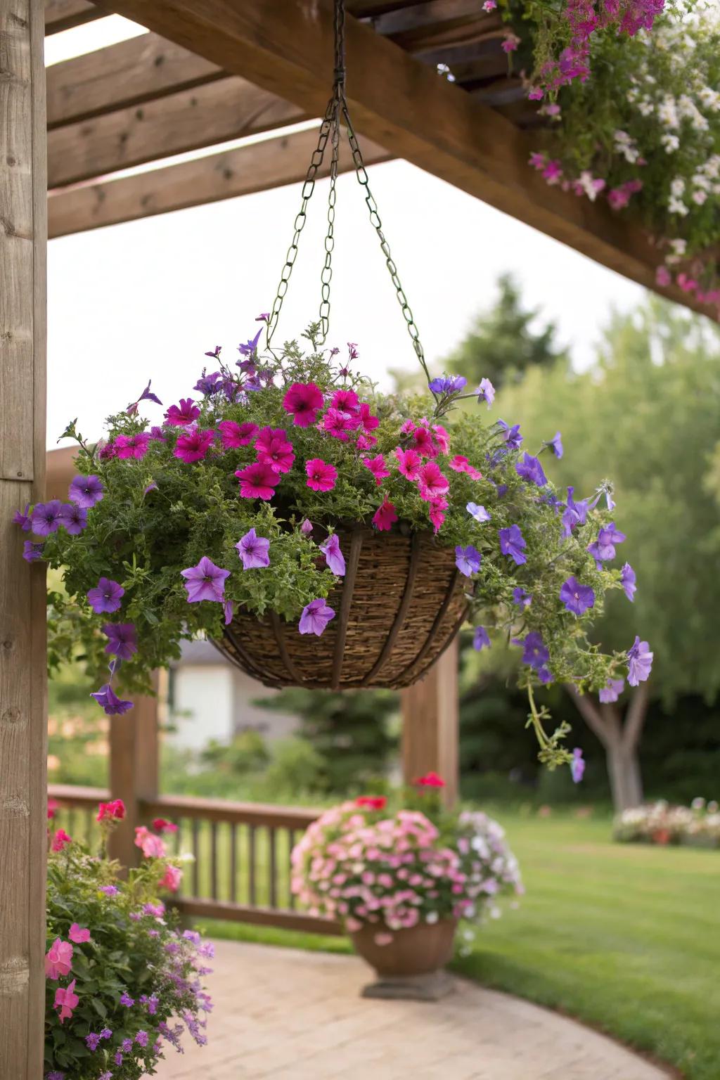 Azurebells and petunias cascade over the edges, yielding a lively vertical display.