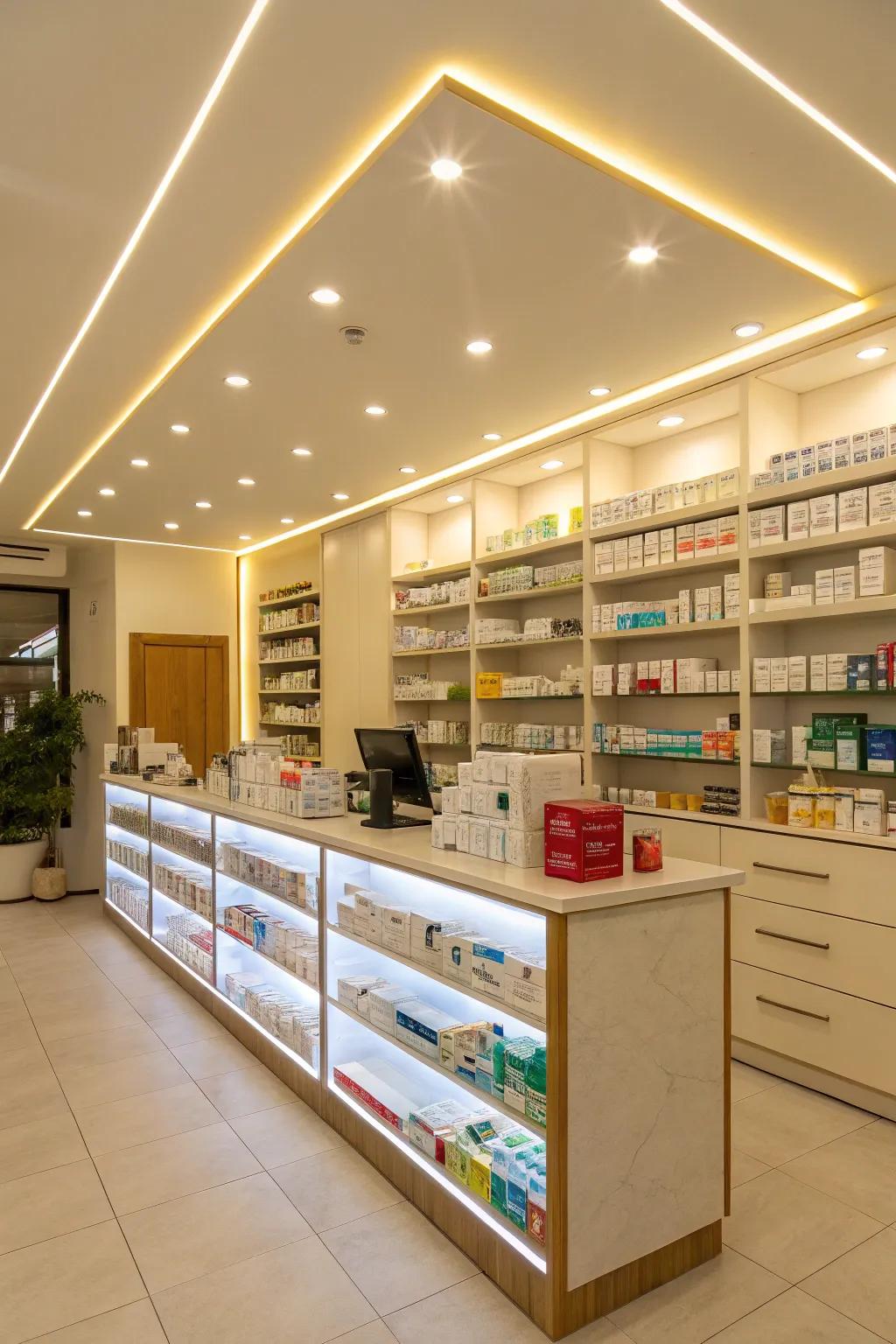 Bright LED lighting improving the pharmacy's atmosphere