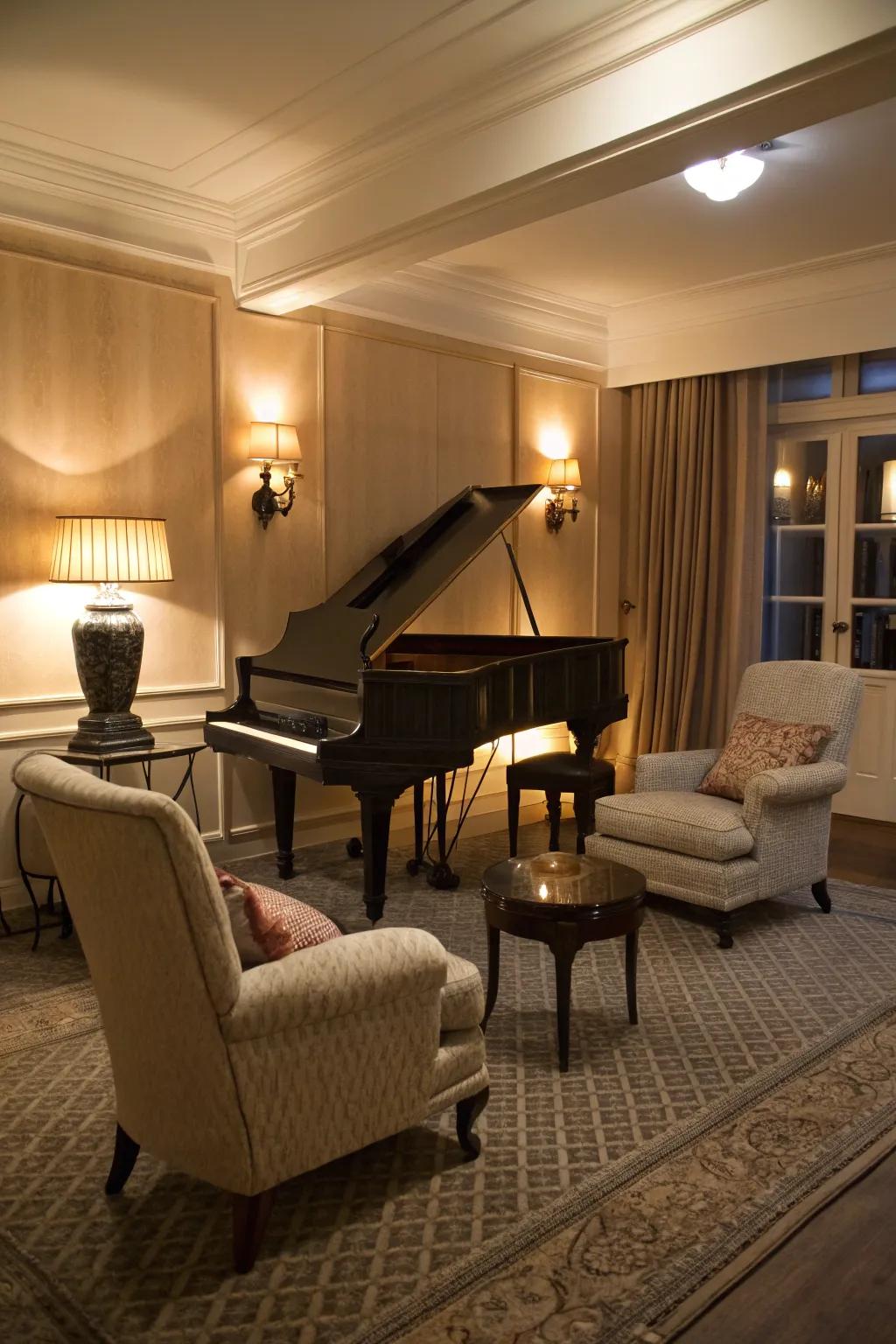 A relaxing corner invites guests to savor the music in comfort.