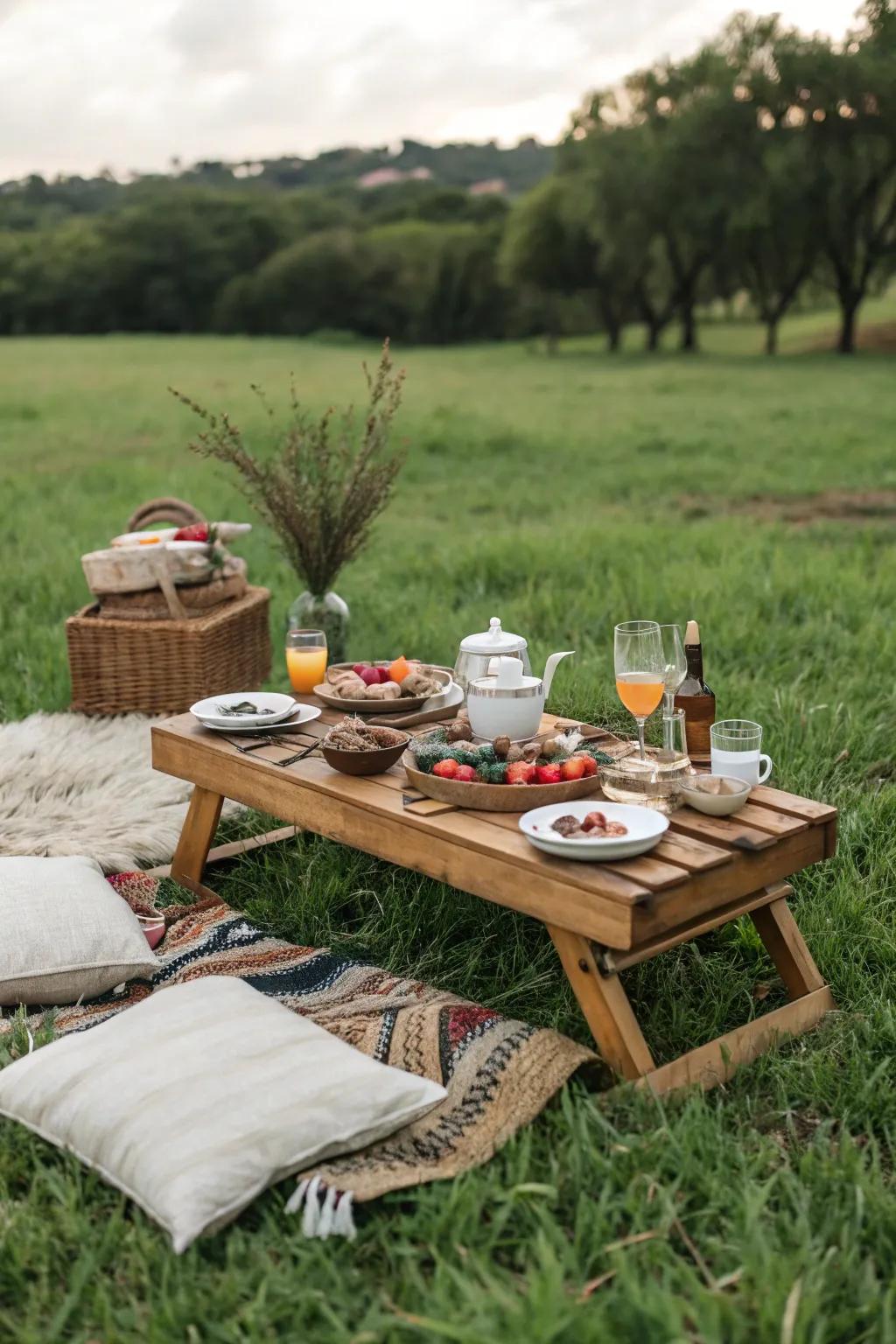 A short wood table provides an ideal surface area for picnic pleasures.