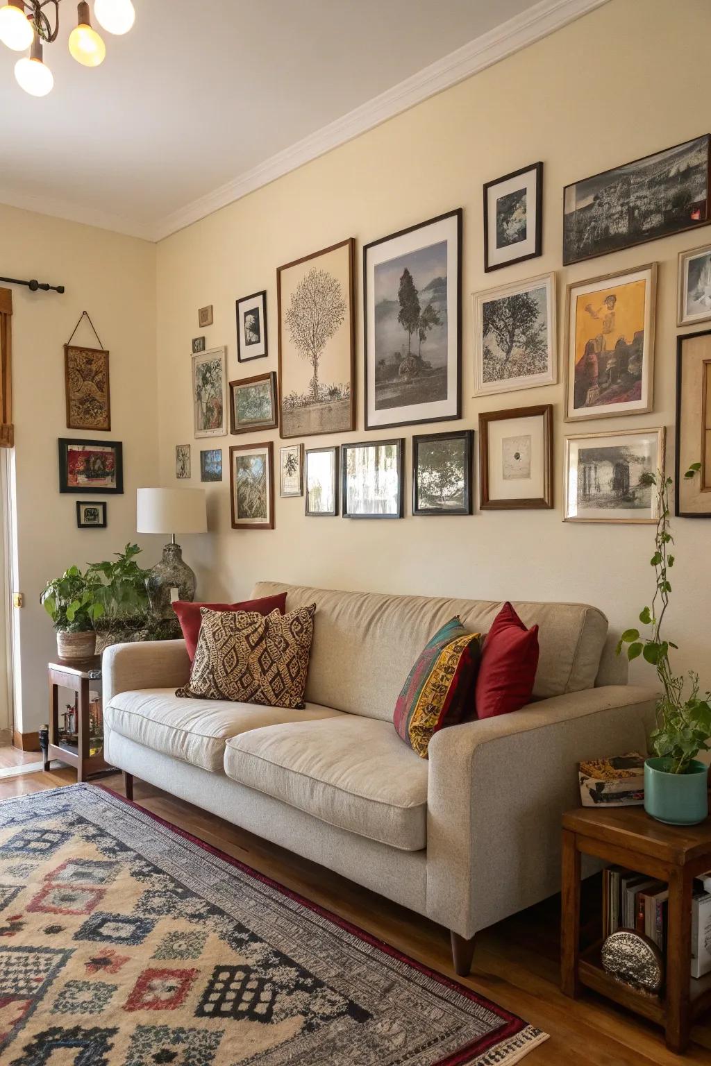 Mixing frame styles introduces an eclectic element to your living area.