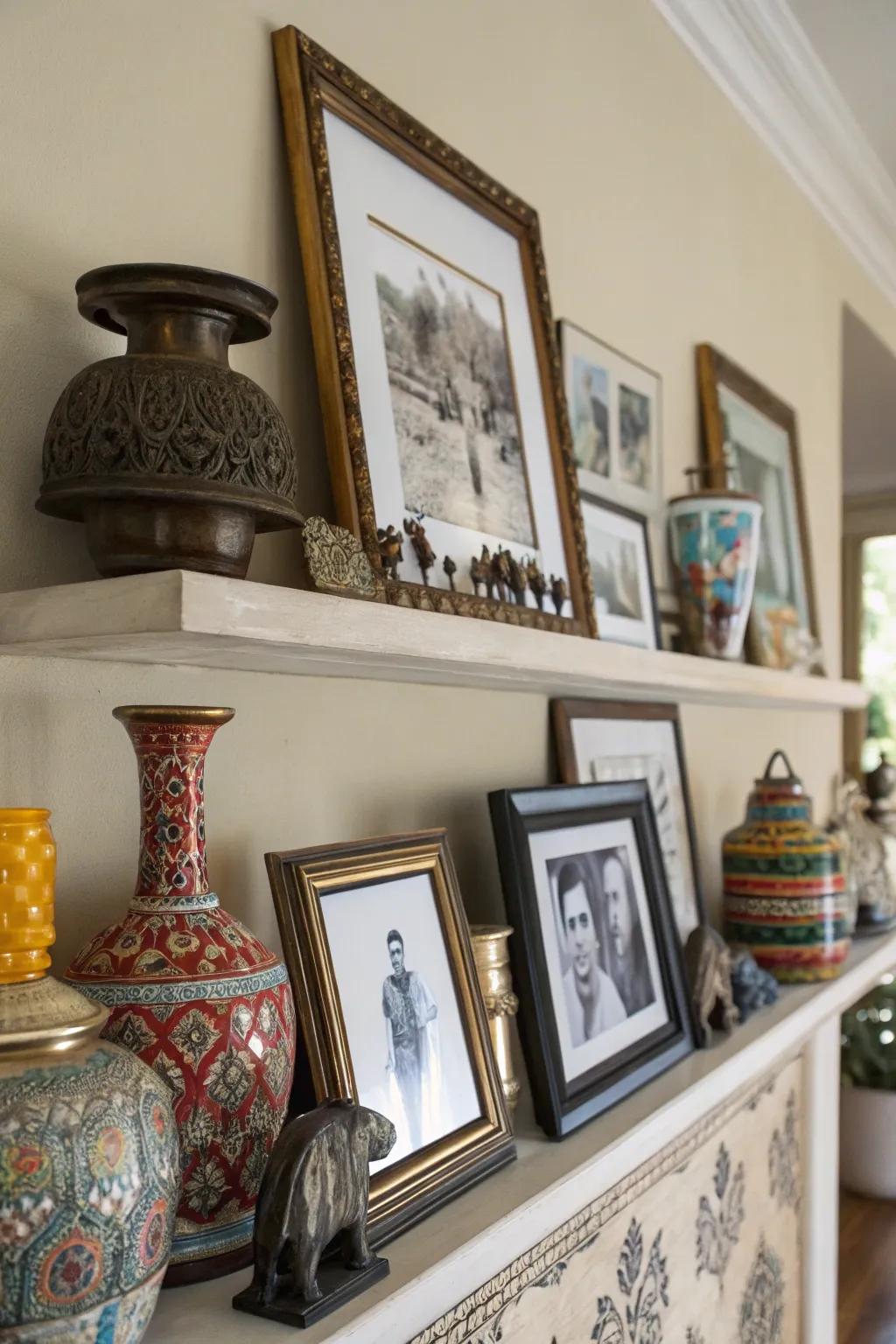 Combine art with decor pieces for an energetic and playful shelf.