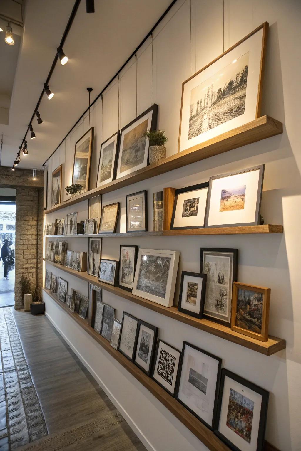 Gallery wall with stacked picture shelves for a layered look.