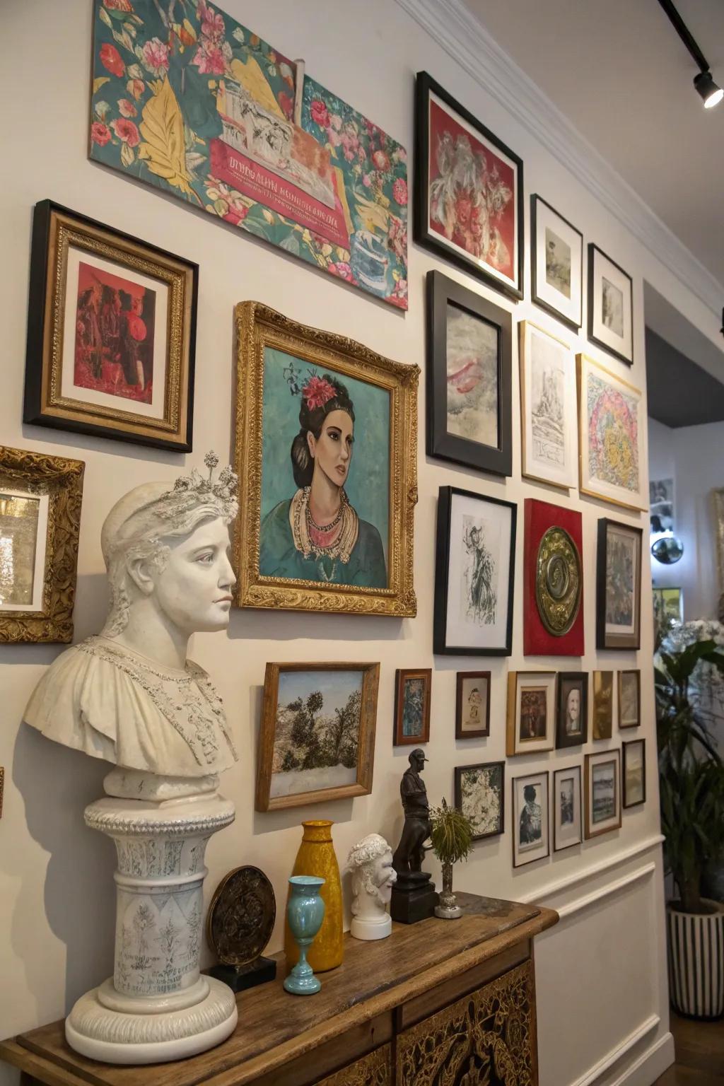 Varied picture wall featuring different art styles.