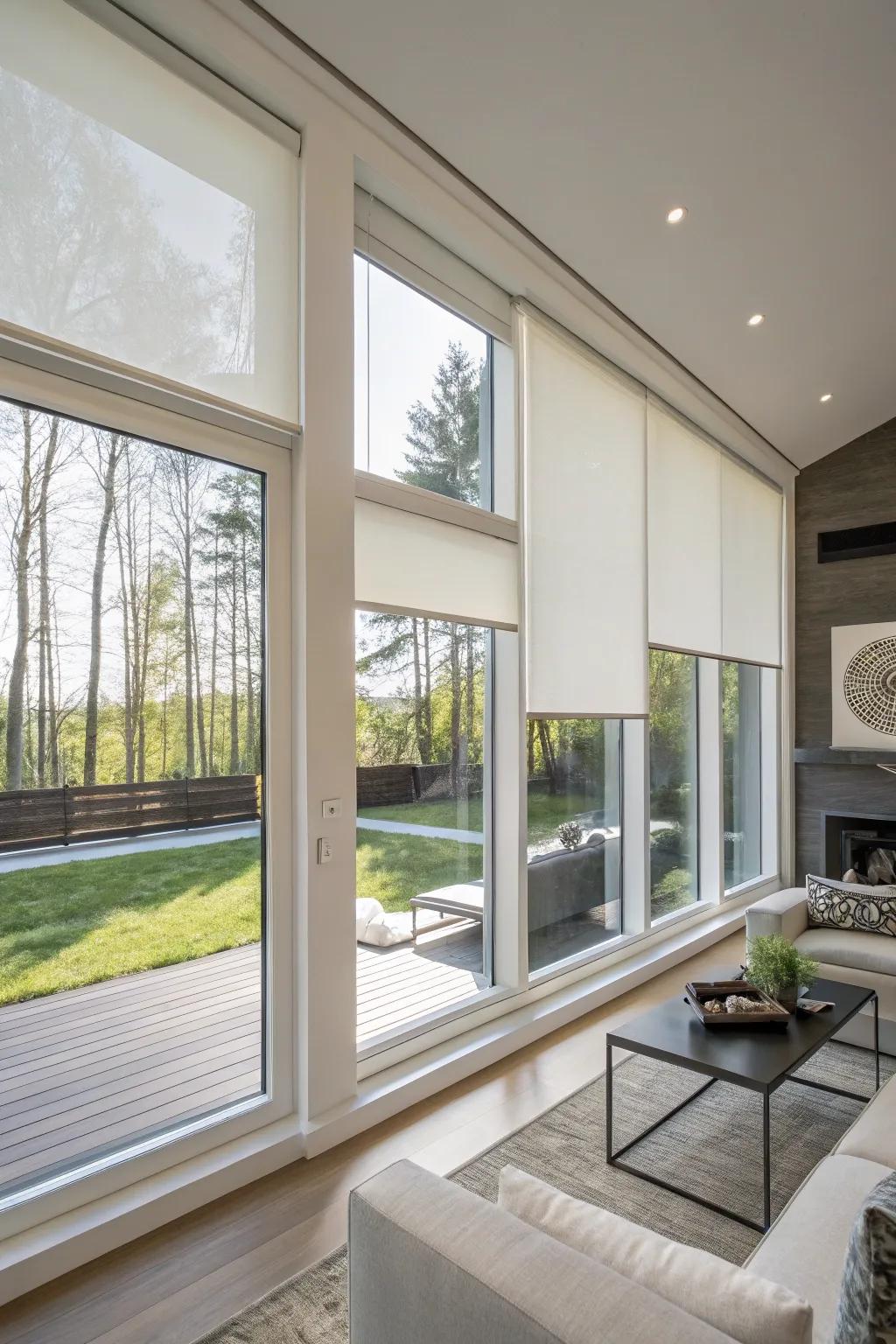 Modern picture window featuring minimalist roller shades for a clean and uncluttered appearance.