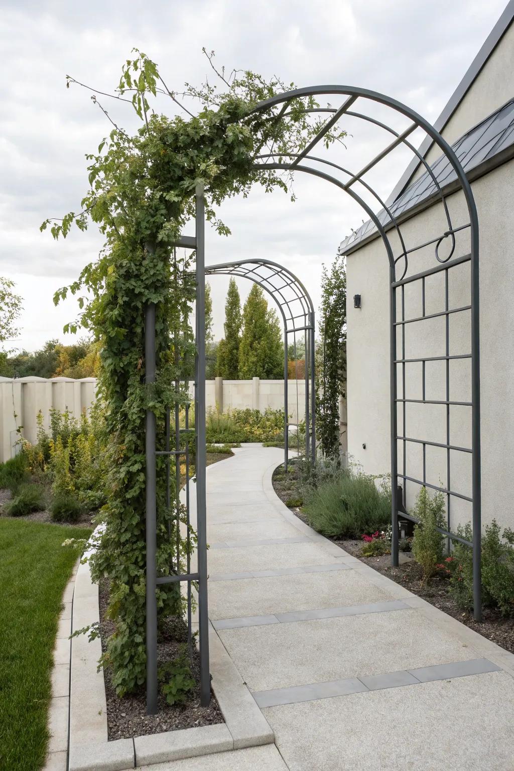 A modern metal arbor introduces a chic edge to your garden.