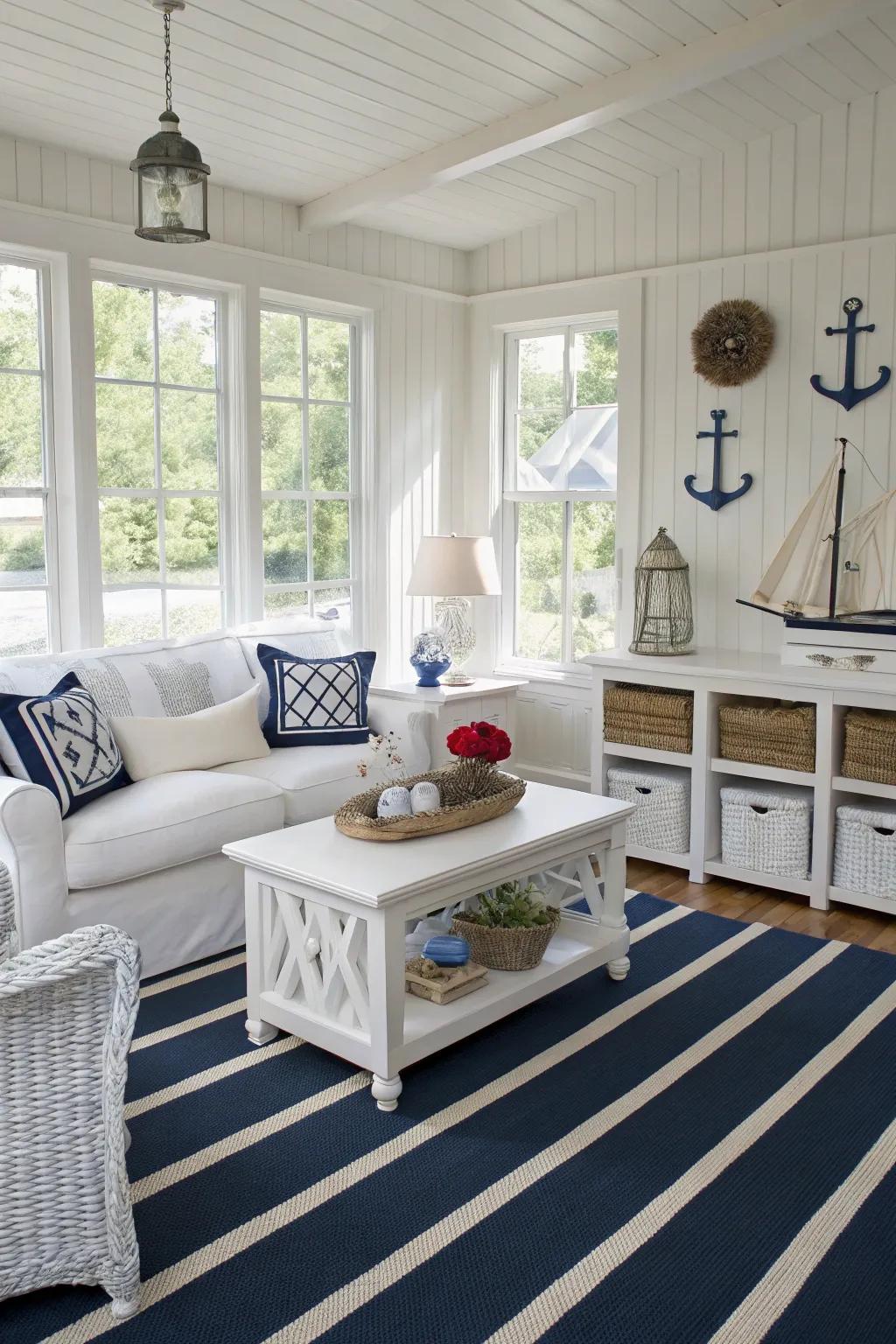 Blue lines evoke a coastal atmosphere in this welcoming living space.