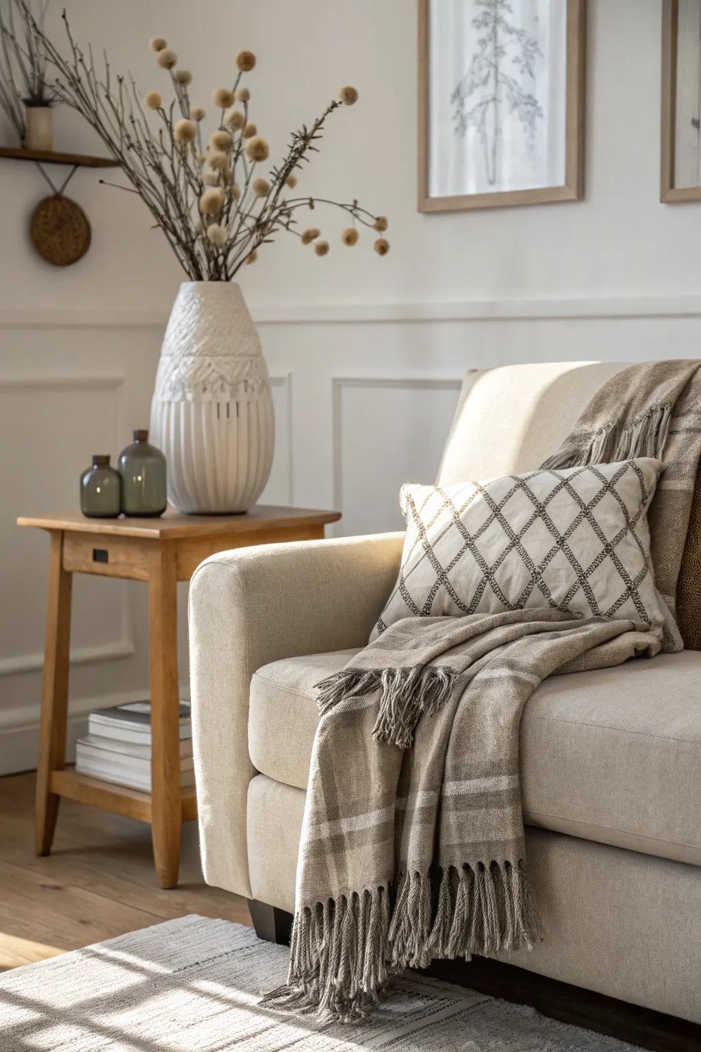 A precisely folded throw draped over the armrest of a sofa, resulting in an organized appearance.