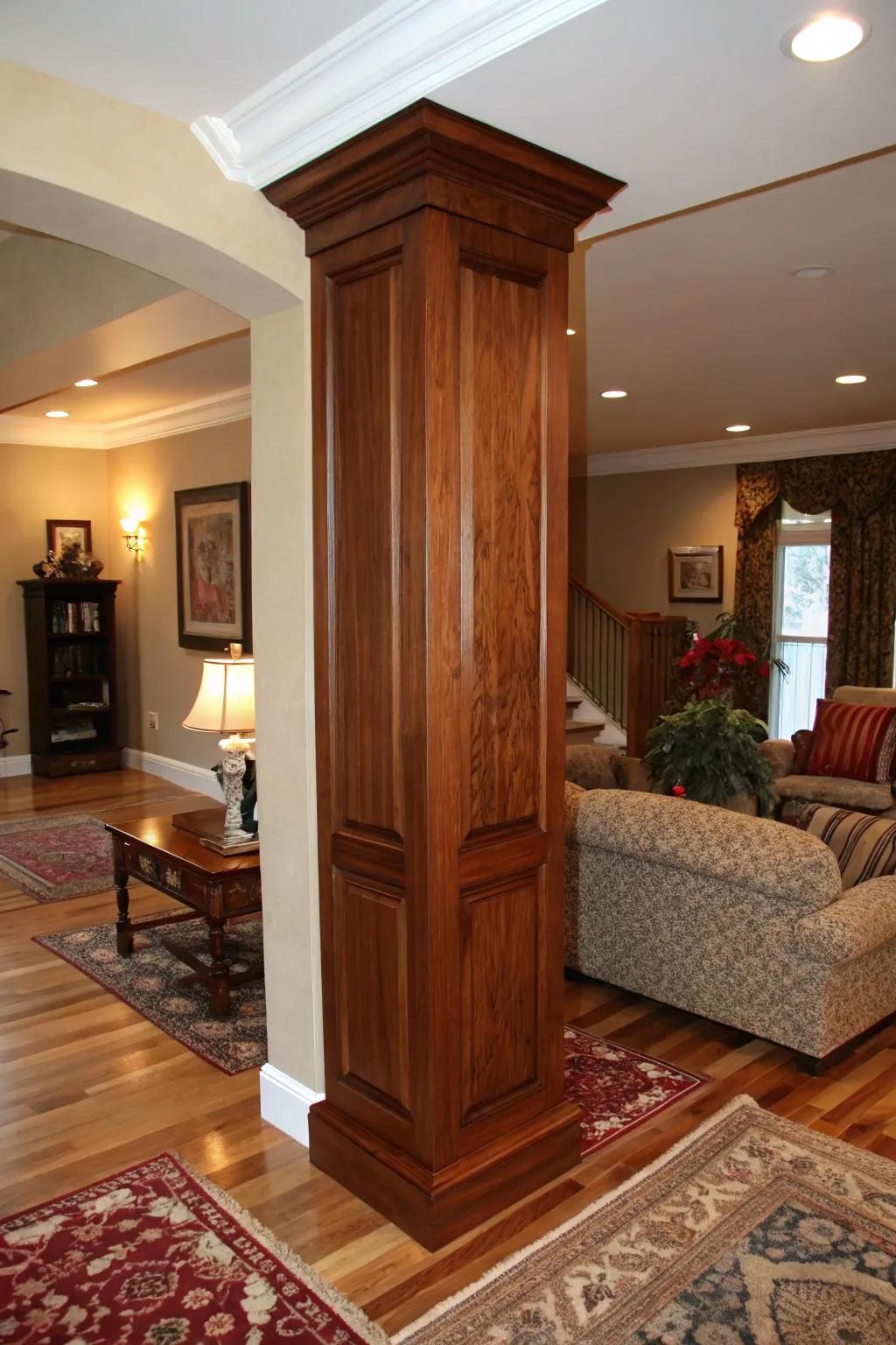 Wood cladding provides a warm and organic touch to interior pillars.