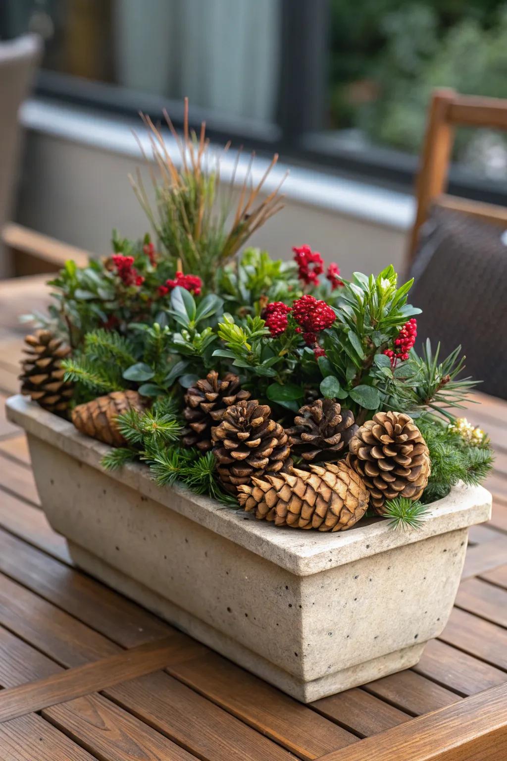 Pinecones bring visual interest and practical benefits to planters.