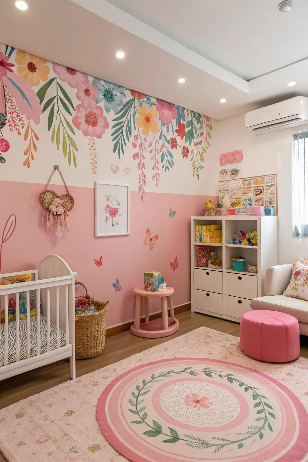 A delightful nursery showcasing a flower-themed pink focus wall that is truly enchanting.